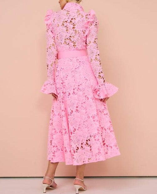 Candy Pink Lace Butterfly Sleeve Midi Dress