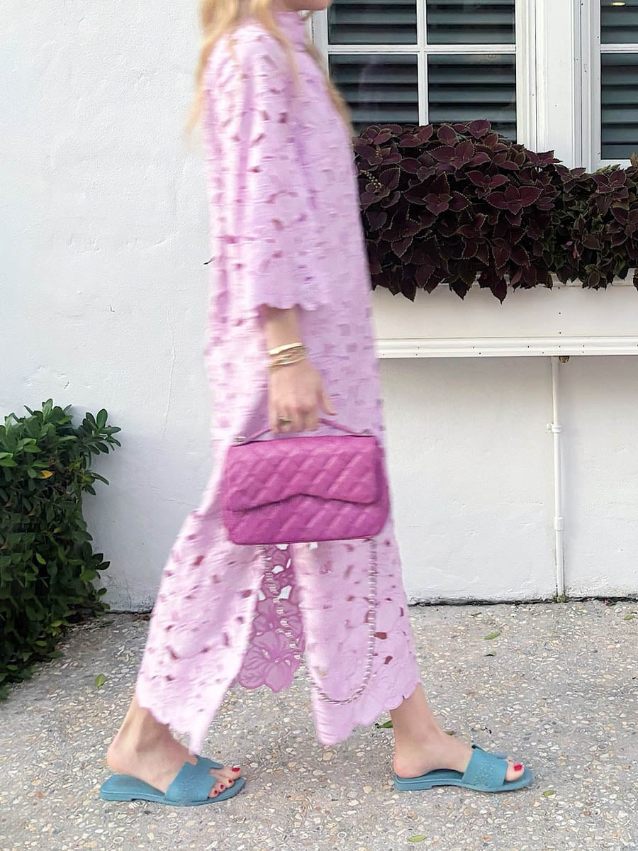 Embroidered hollow lace midi dress