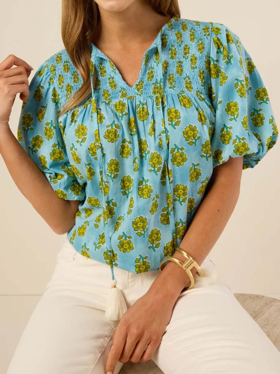 Floral Print V-neck Puff Sleeve Top