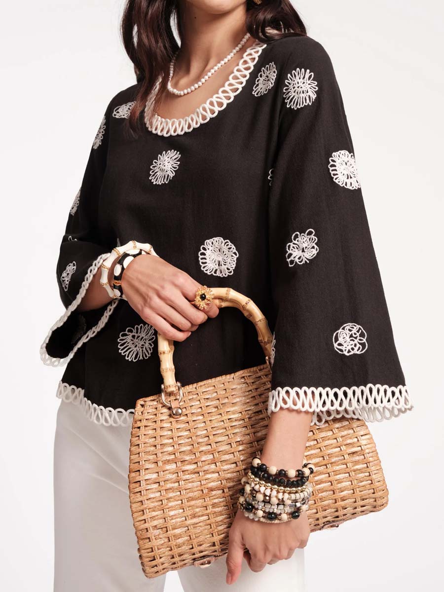 Fiona Scribble Embroidered Bell Sleeves Top