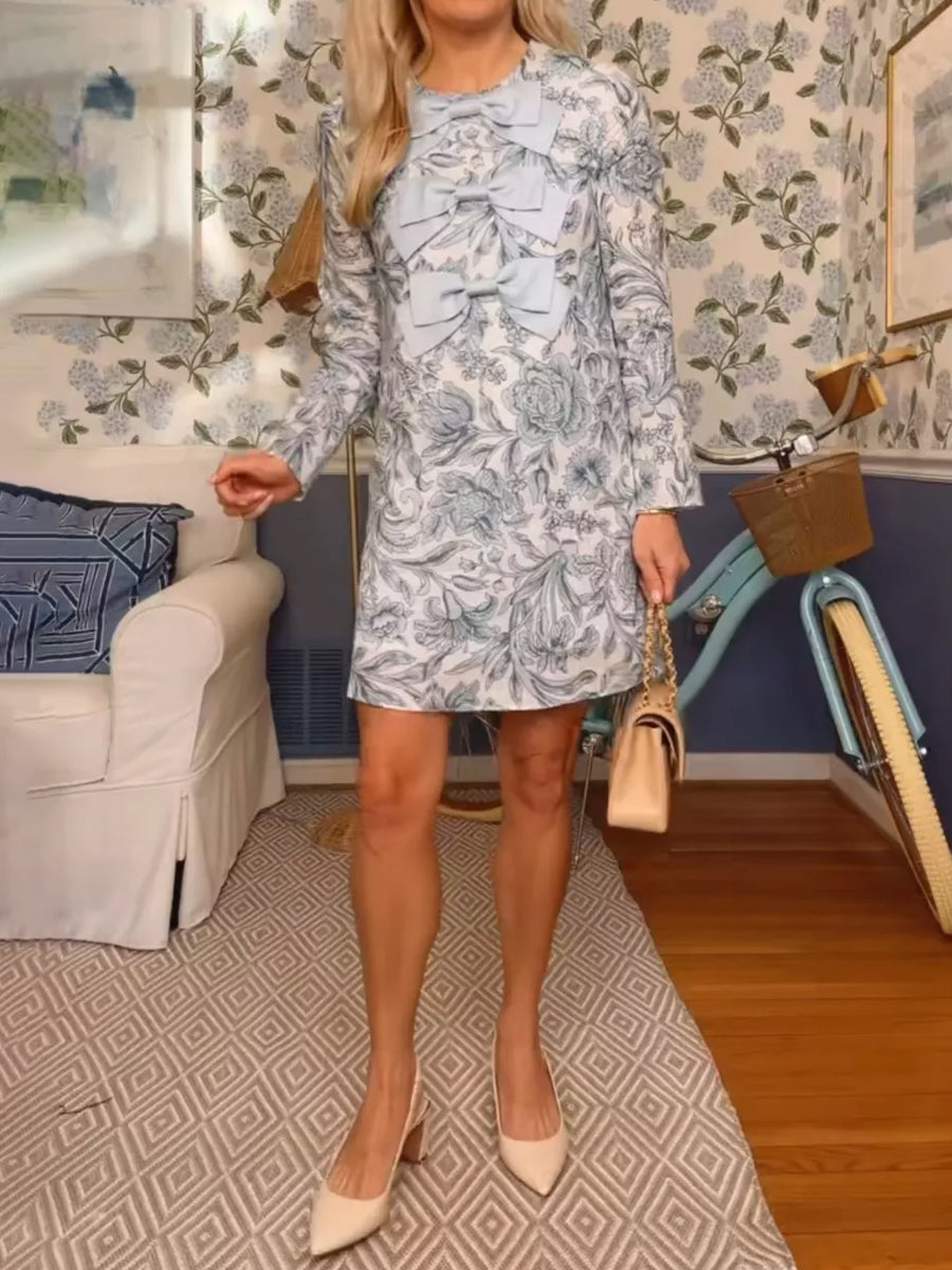 Printed Long Sleeve Bows Dress