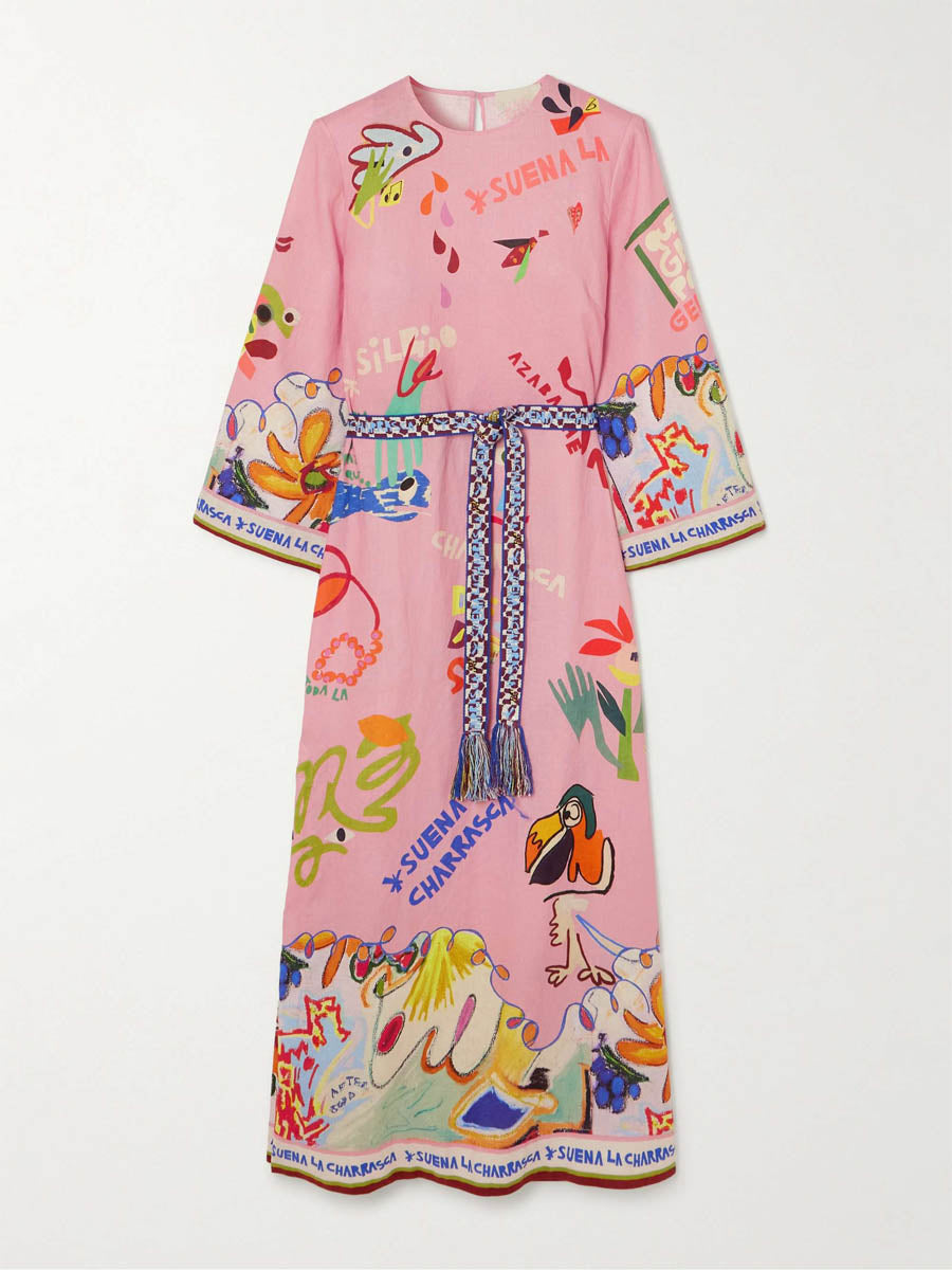 Linen Print Slim Fit Midi Dress
