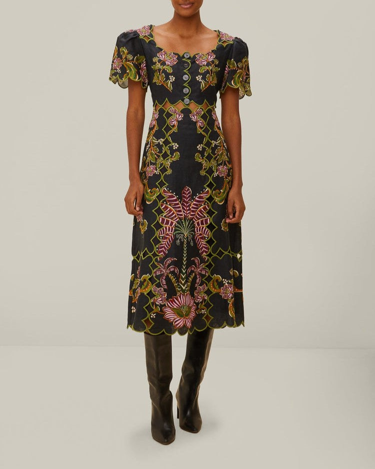 Embroidered black midi dress