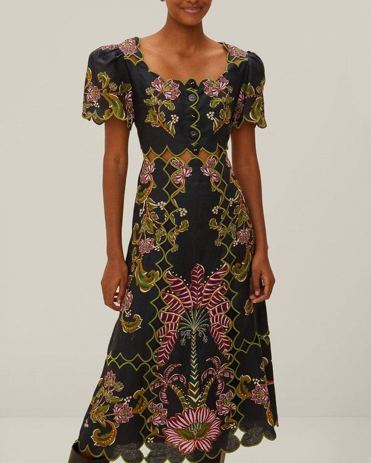 Embroidered black midi dress