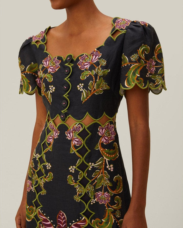Embroidered black midi dress