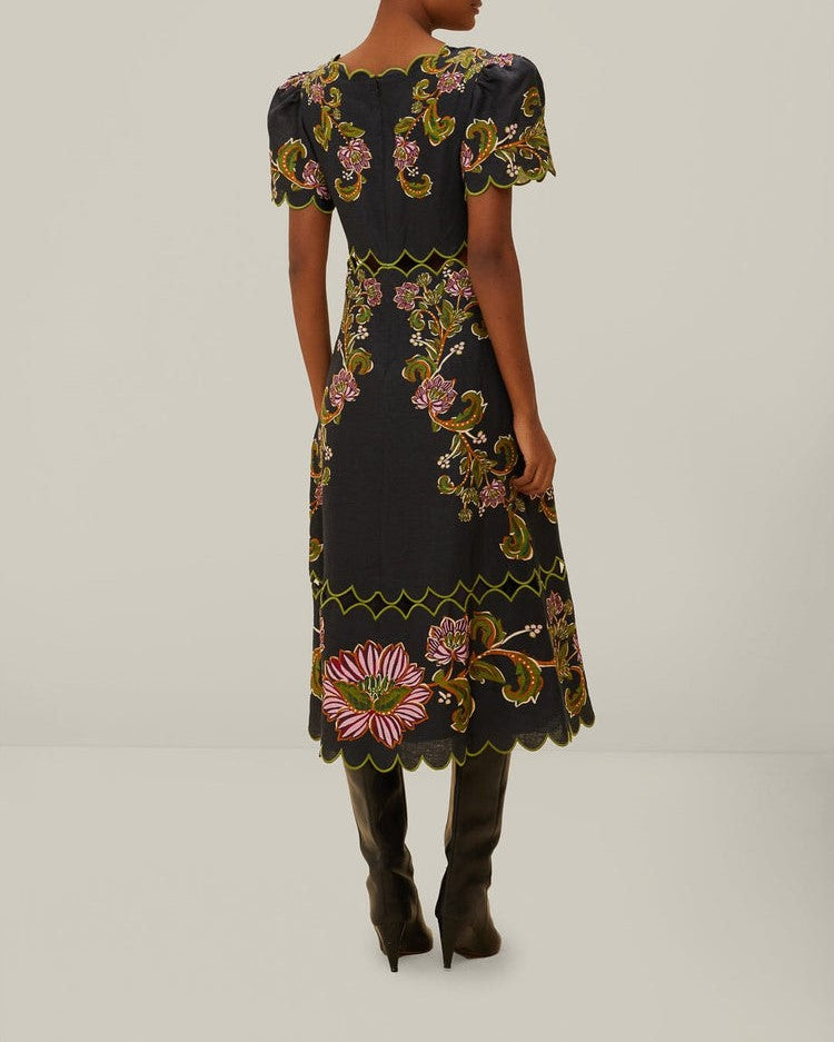 Embroidered black midi dress