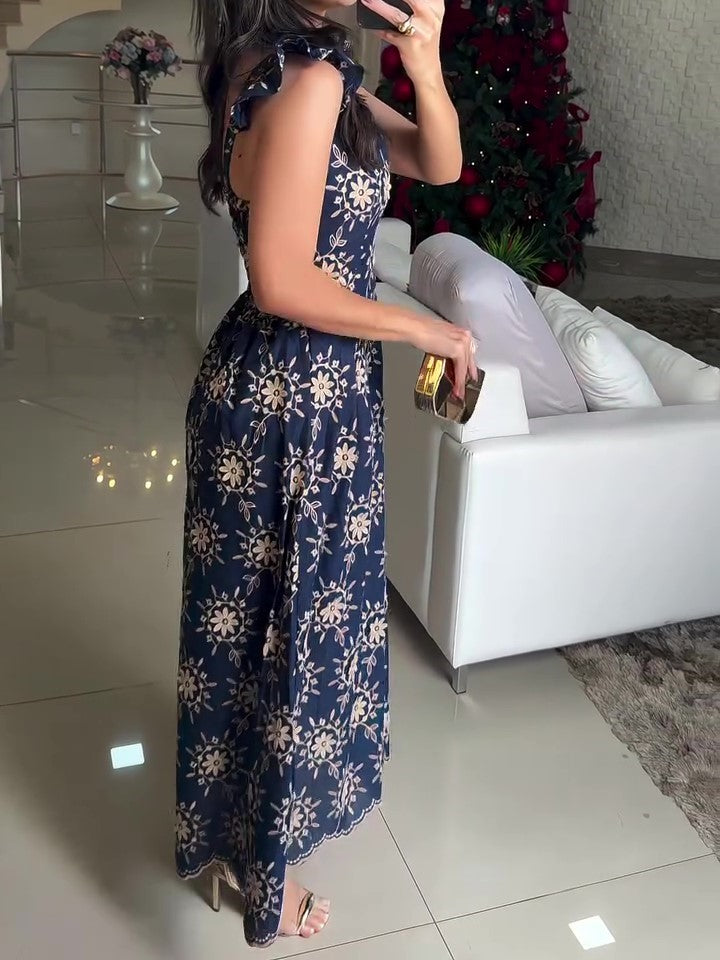 Square Neck Blue Sun Print Maxi Dress
