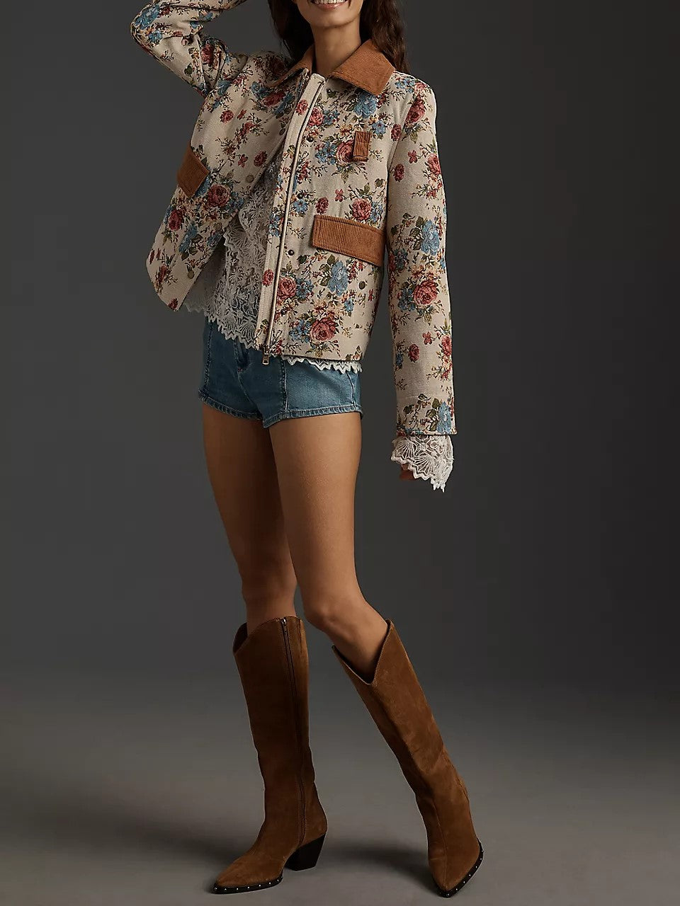 Spring floral corduroy cropped jacket