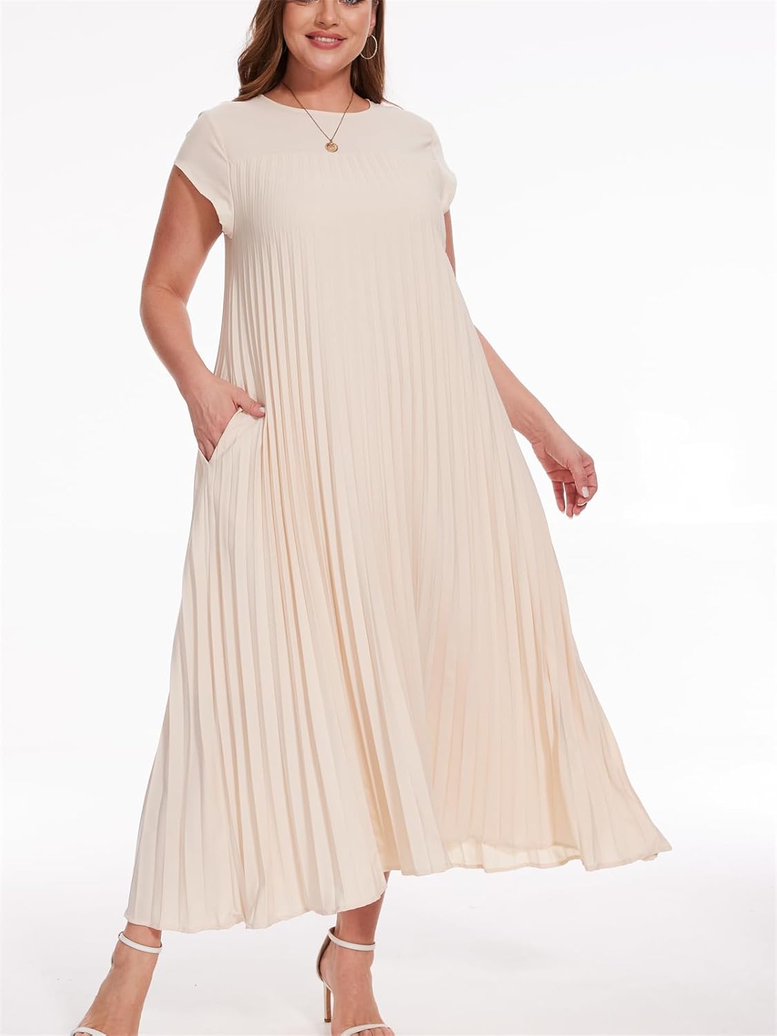 Pleated Fit Crewneck Flowy Maxi Dress with Pockets