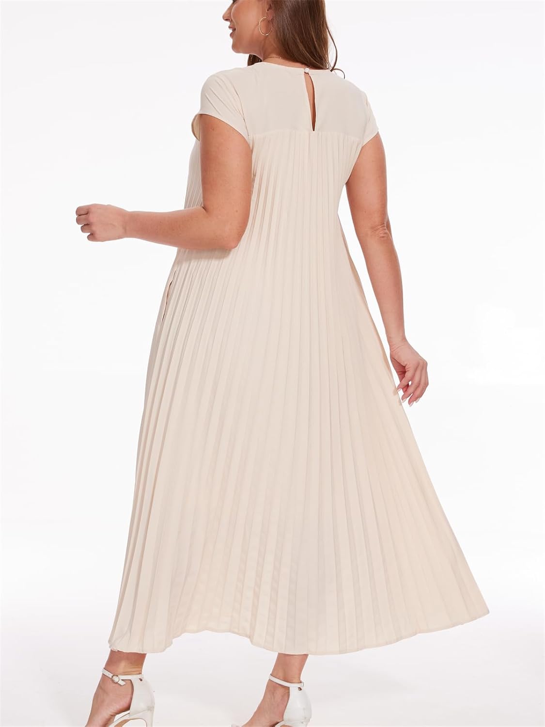 Pleated Fit Crewneck Flowy Maxi Dress with Pockets