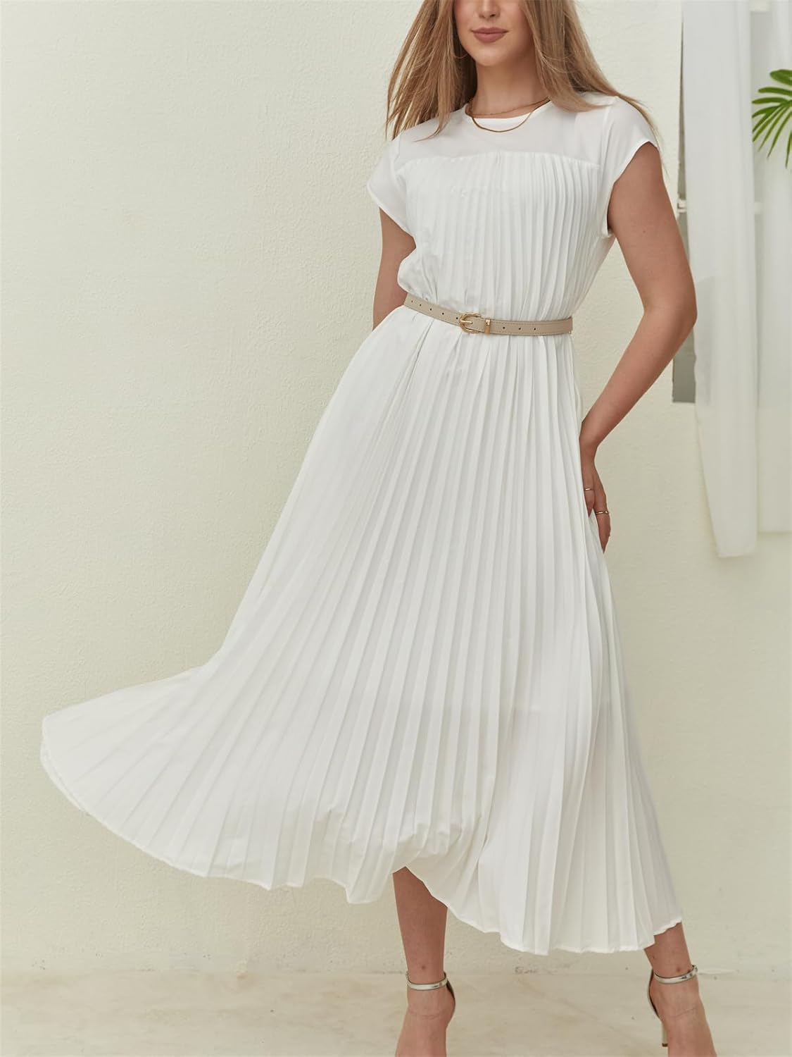 Pleated Fit Crewneck Flowy Maxi Dress with Pockets