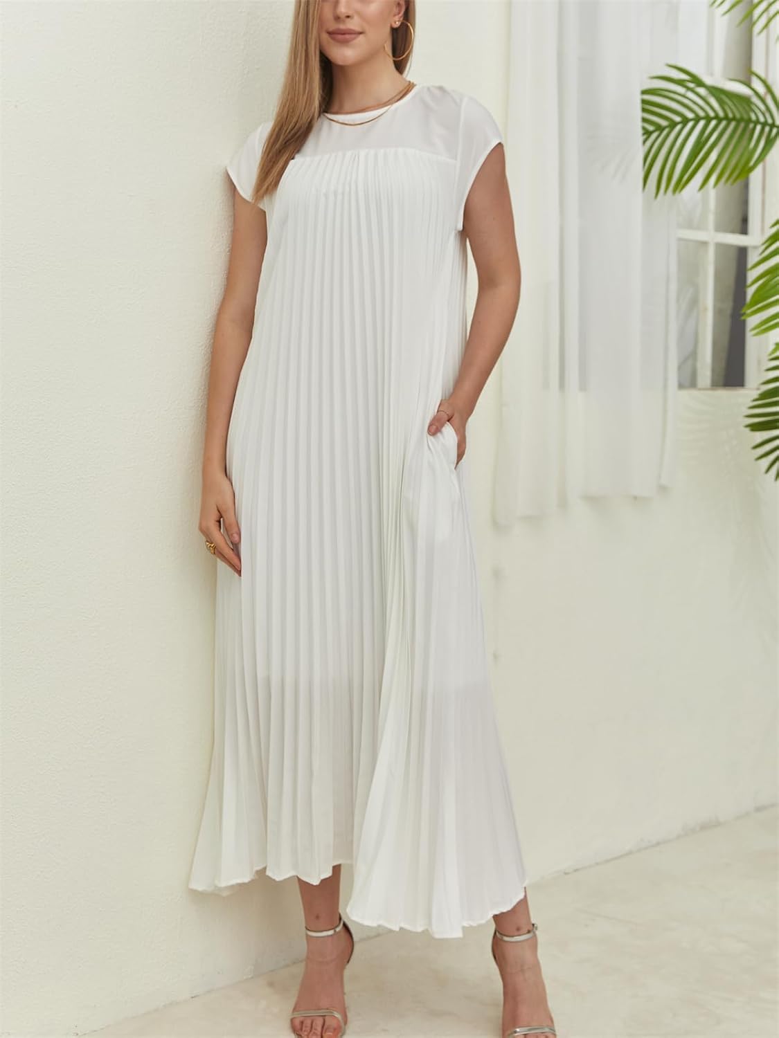 Pleated Fit Crewneck Flowy Maxi Dress with Pockets