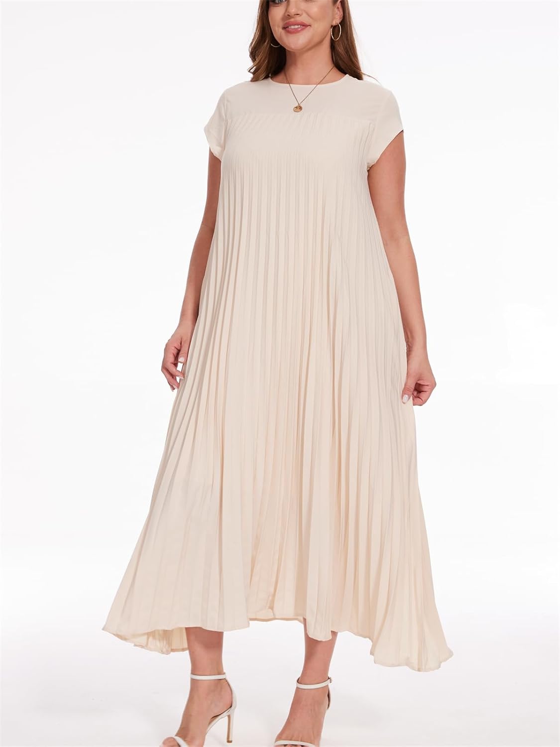 Pleated Fit Crewneck Flowy Maxi Dress with Pockets