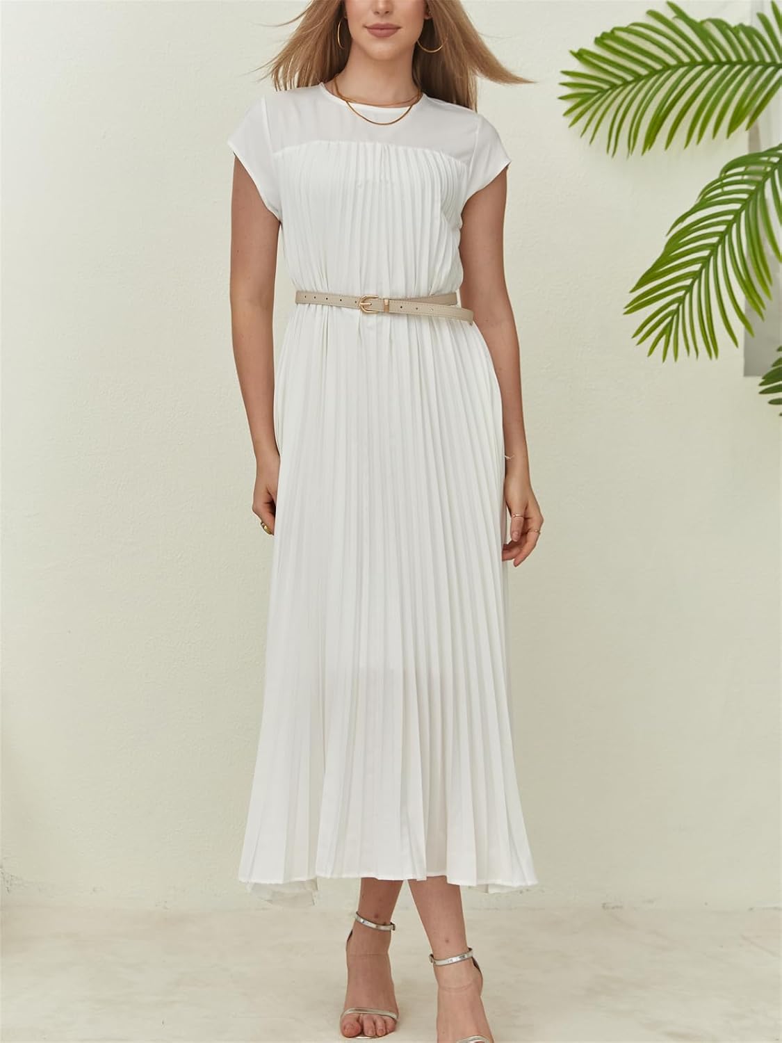 Pleated Fit Crewneck Flowy Maxi Dress with Pockets