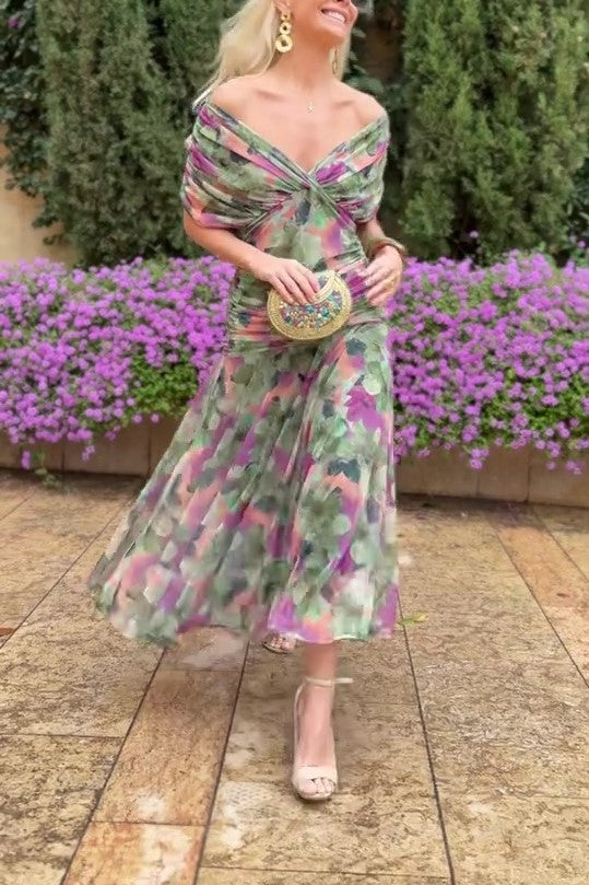 Elegant Floral Elastic Flowy Dress