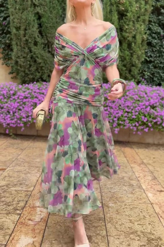 Elegant Floral Elastic Flowy Dress