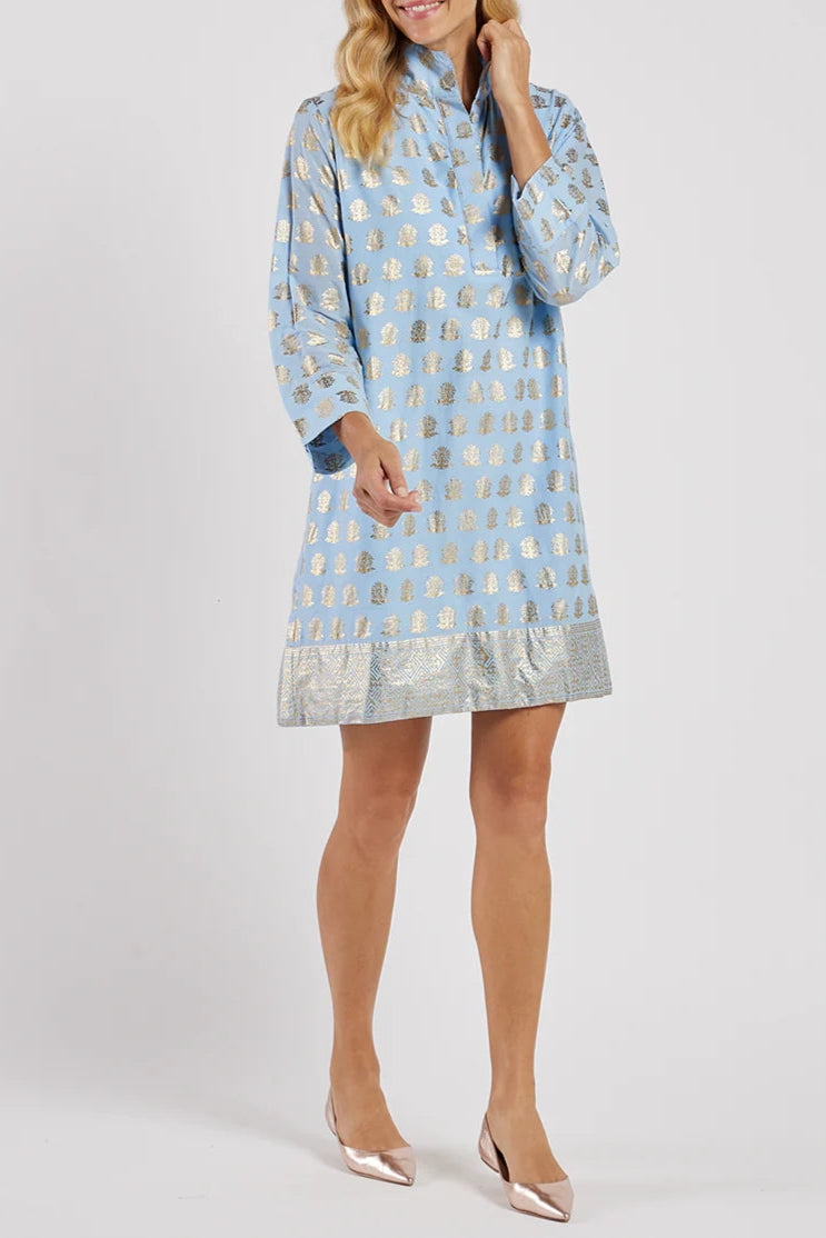 Light Blue & Gold Printed Tunic Dress