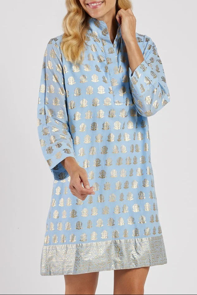 Light Blue & Gold Printed Tunic Dress