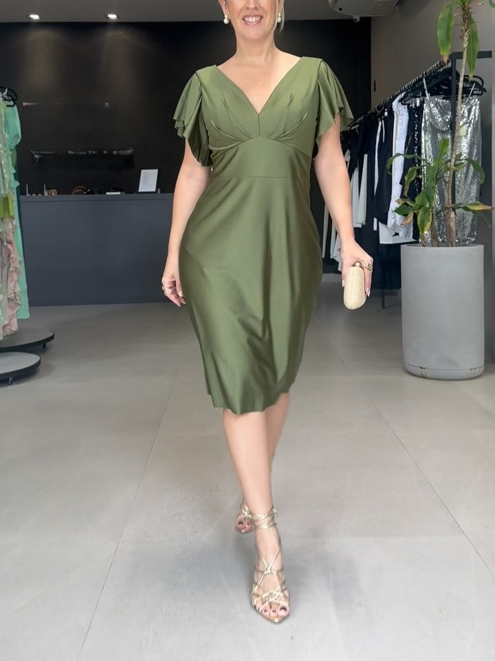 Flounce Sleeve Stretch Satin Dress