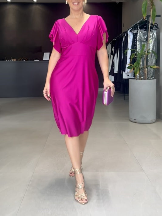 Flounce Sleeve Stretch Satin Dress