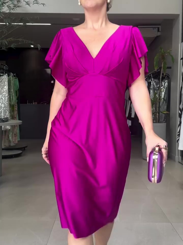 Flounce Sleeve Stretch Satin Dress