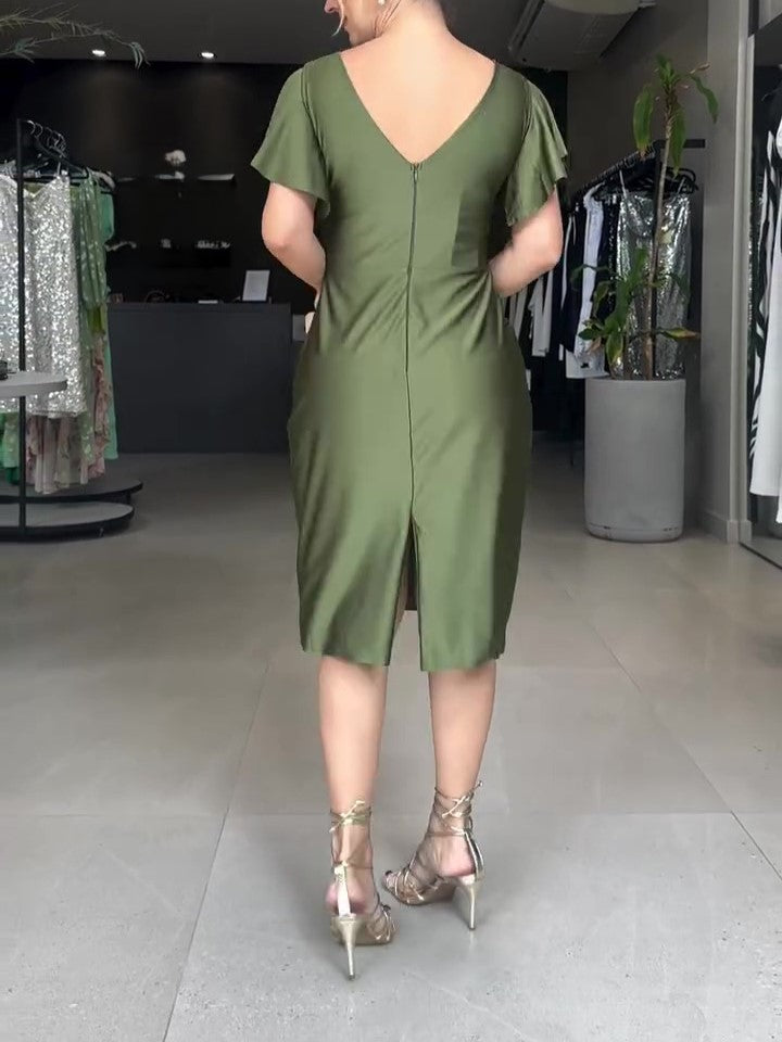 Flounce Sleeve Stretch Satin Dress