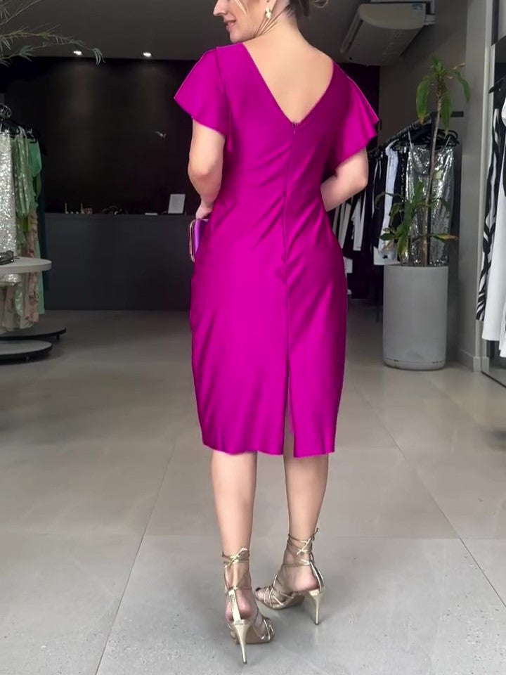 Flounce Sleeve Stretch Satin Dress
