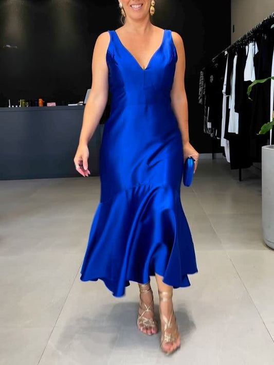 Mermaid V Neck Satin Long Prom Dress