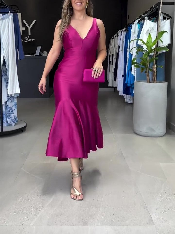 Mermaid V Neck Satin Long Prom Dress