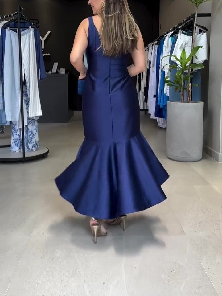Mermaid V Neck Satin Long Prom Dress
