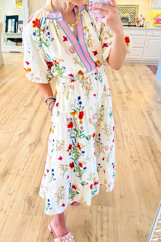Cream Floral Puff Sleeve Midi Dress