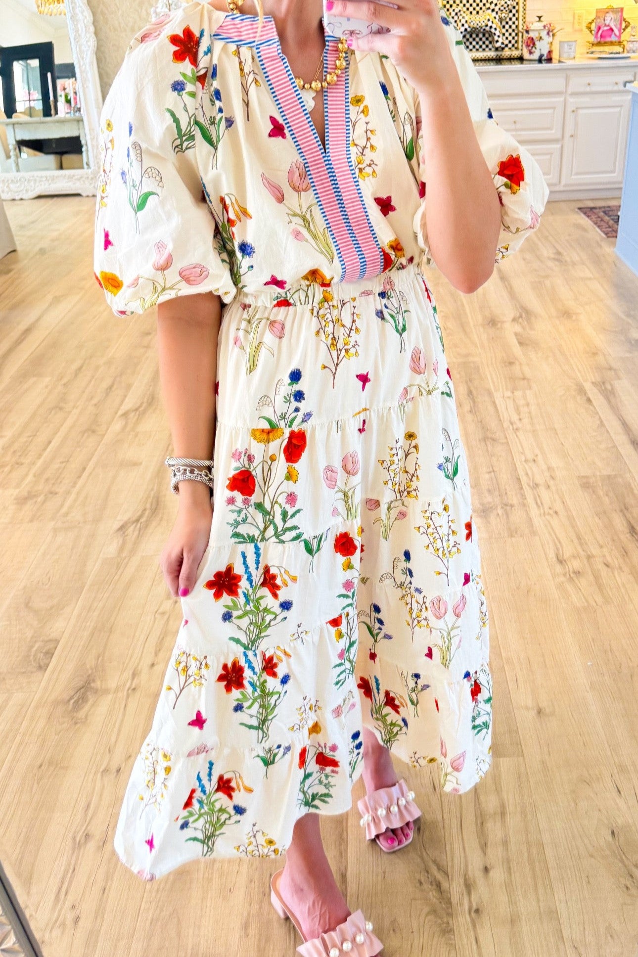 Cream Floral Puff Sleeve Midi Dress