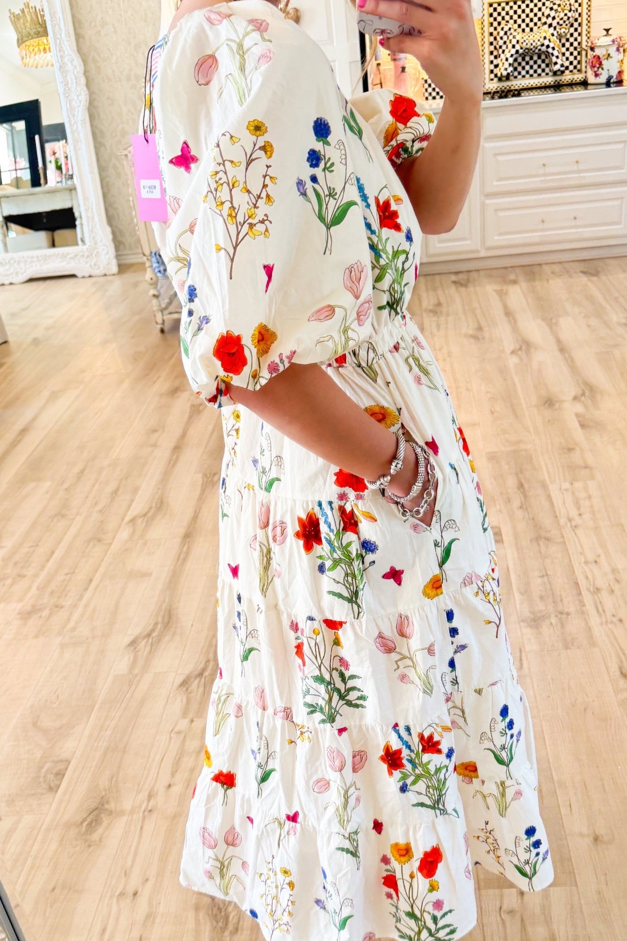 Cream Floral Puff Sleeve Midi Dress