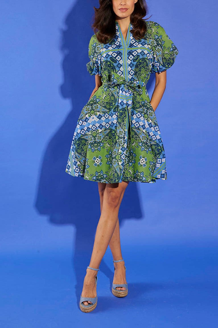 Teal Cotton Voile Pussybow Mini Dress