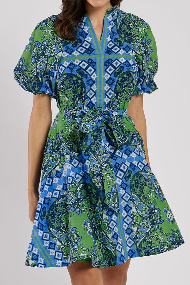 Teal Cotton Voile Pussybow Mini Dress