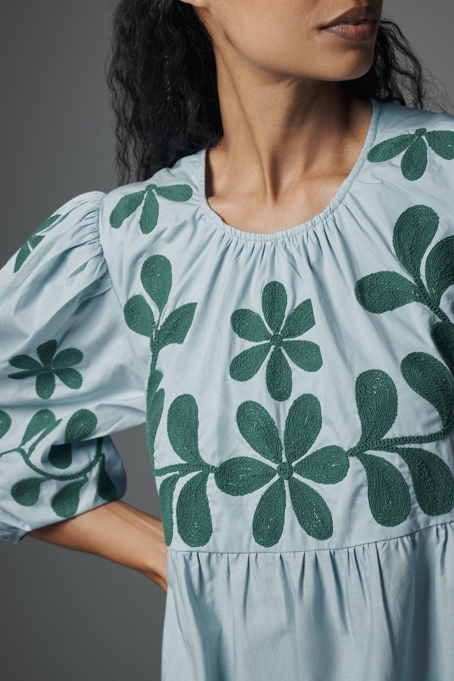Embroidered Puff-Sleeve Midi Dress