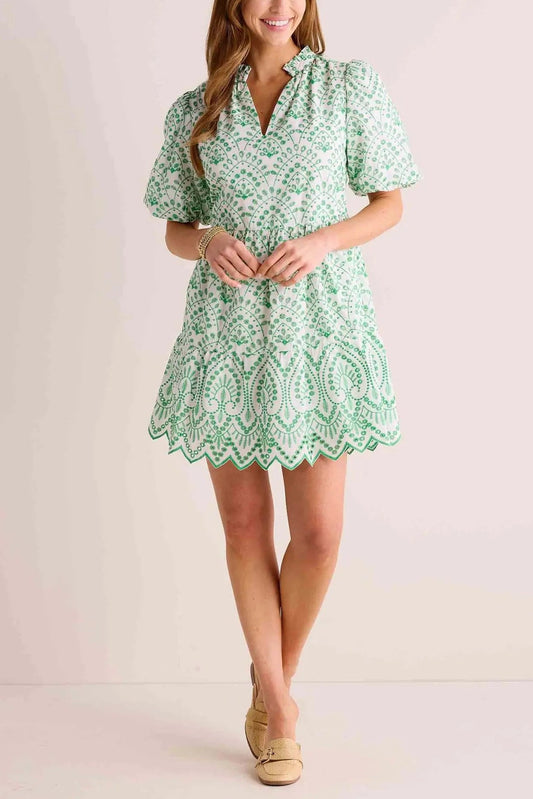 Allover Eyelet Embroidery Puff Sleeve Dress