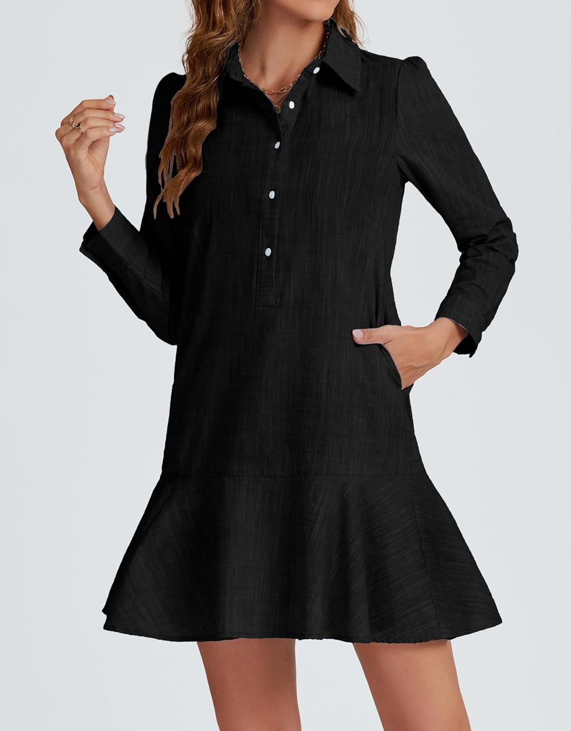 Waisted Ruffle Hem Mini Shirt Dress