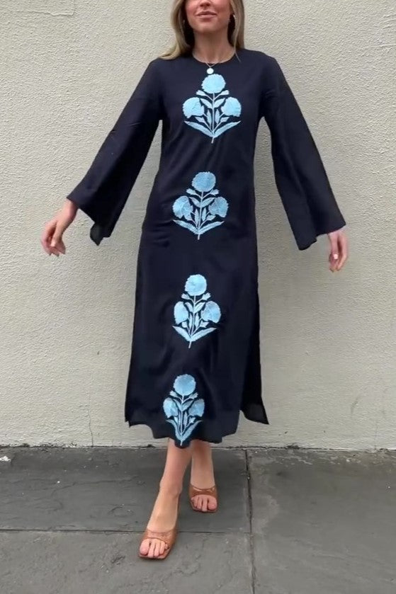 Cuff Sleeve Navy with Blue Maxi Dress
