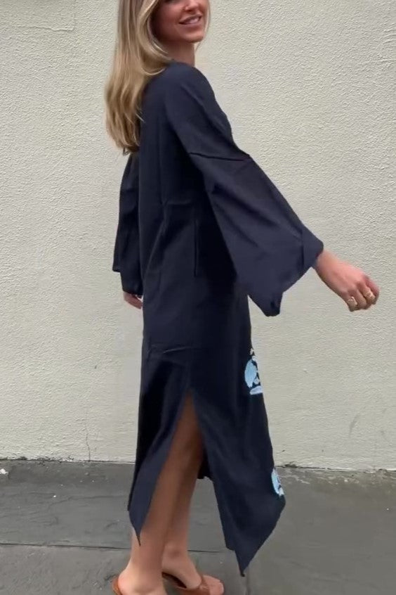 Cuff Sleeve Navy with Blue Maxi Dress