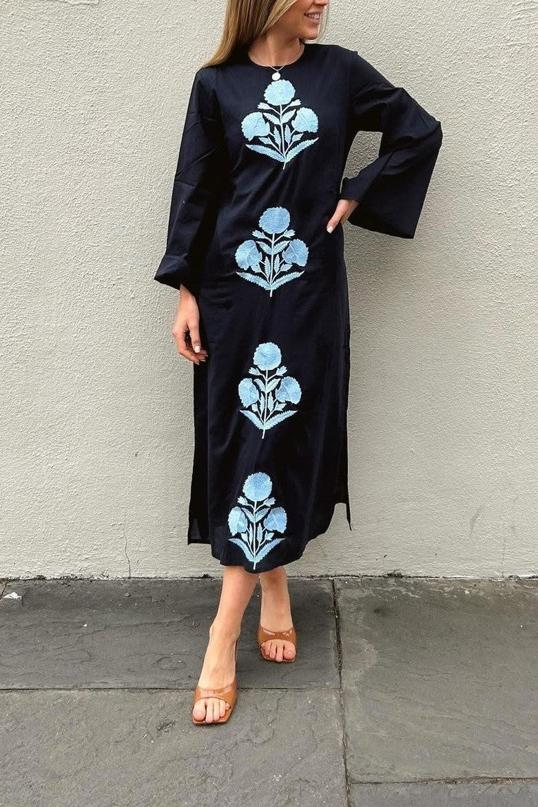 Cuff Sleeve Navy with Blue Maxi Dress