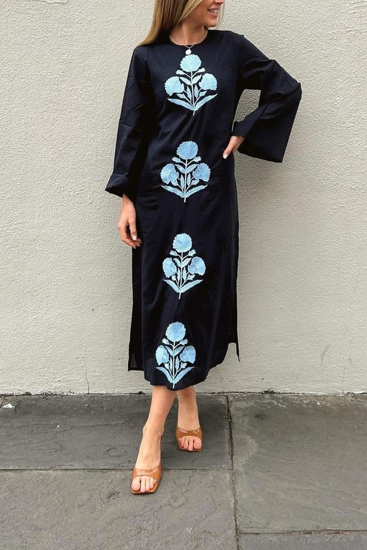 Cuff Sleeve Navy with Blue Maxi Dress