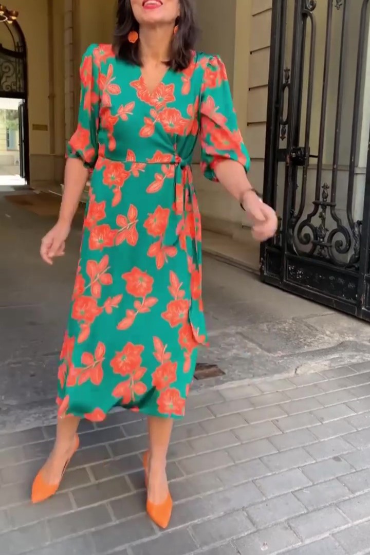 Kimono Midi Dress In Green Floral Print