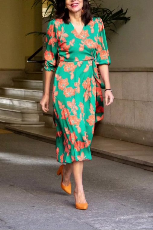 Kimono Midi Dress In Green Floral Print