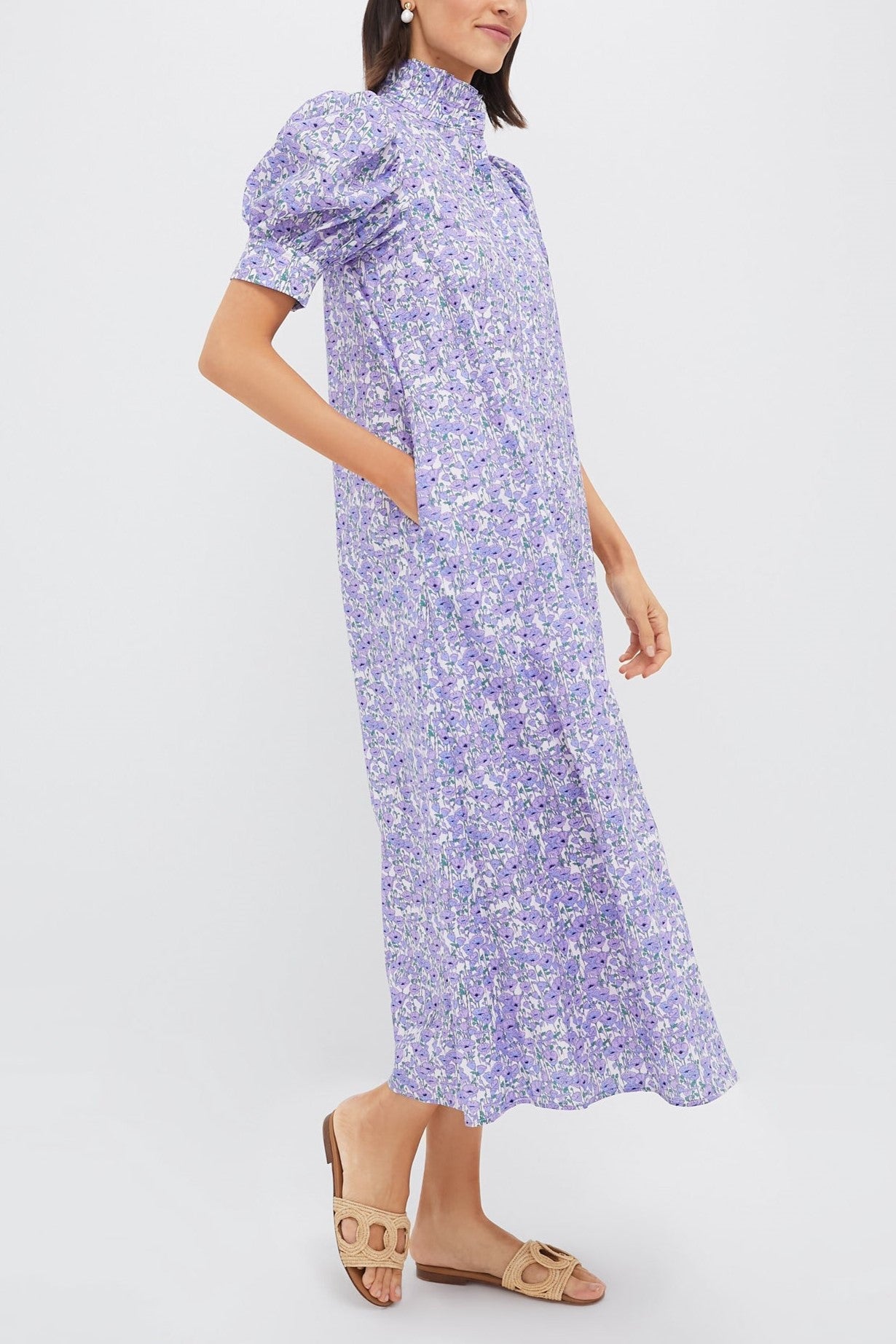 Purple Poppies Ruffle Collar Cotton Maxi Dress