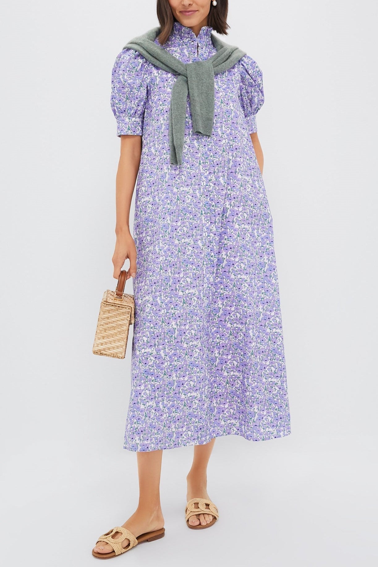 Purple Poppies Ruffle Collar Cotton Maxi Dress