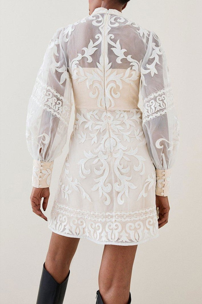 Sheer Bubble Sleeve Applique Short Dress