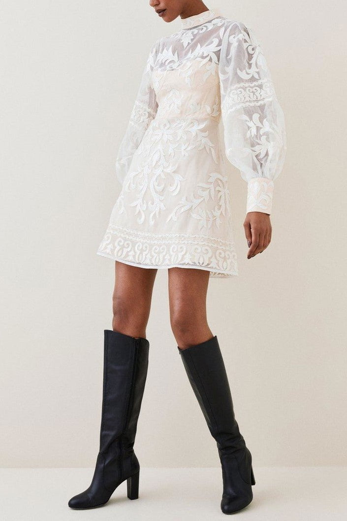 Sheer Bubble Sleeve Applique Short Dress
