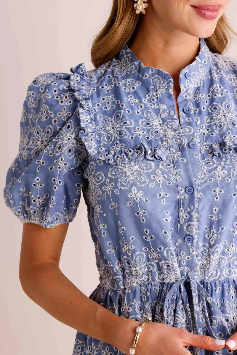 Marcella Eyelet Embroidery Puff Sleeves Dress