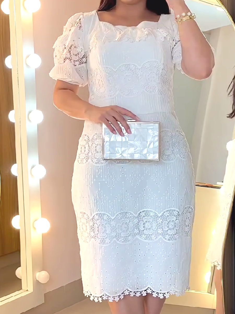 White Lace Print Short Sleeve Midi Dress